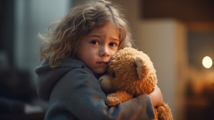 Little lonely girl hugging teddy bear, family problems. Sad child - obrazy, fototapety, plakaty