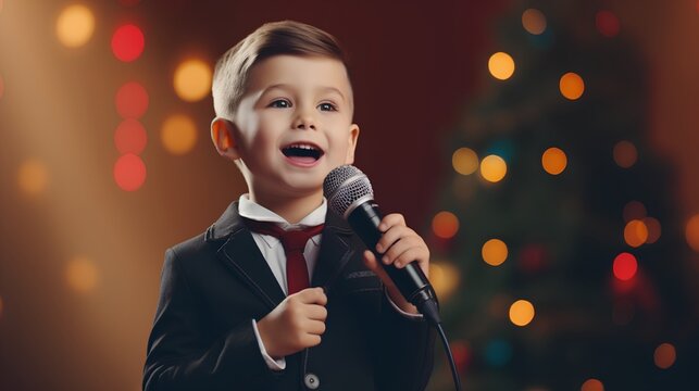 Kindergarten Christmas event. Little kid, full of joy and excitement, sings a festive carol and gives a speech. The cute, happy children perform in front of audience, creating a holiday atmosphere.