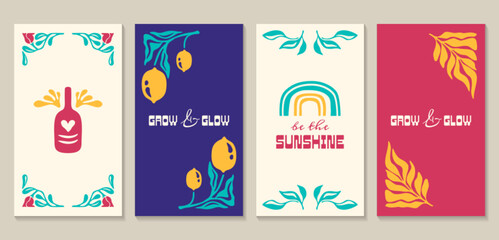 Abstract floral posters set with lemon fruit and leaves in matisse minimal style. Flowers and plants trendy vector illustration banners, wall arts. Modern naive groovy botanical prints and frames.