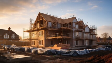 Construction of a residential new house is in progress at building site