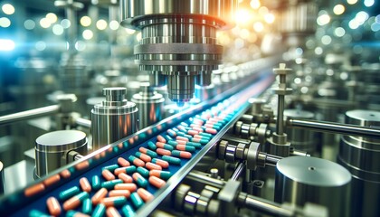 Cutting-edge pharmaceutical factory with vibrant pills moving on a conveyor under a modern robotic tool, illustrating innovation in medicine manufacturing