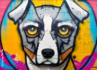 A Graffiti dog face on a brick wall, illustration