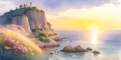 Watercolor seashore scene paint. AI generated illustration