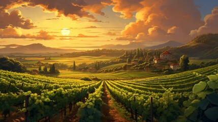 a lush, emerald-green vineyard, rows of grapevines extending to the horizon, bathed in the soft...