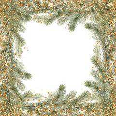 Christmas frame with fir branches and gold glitter. Winter holiday illustration.