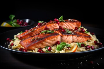 grilled salmon with couscous and pomegranate seeds, Grilled salmon with couscous and cranberry on black background, AI Generated