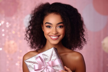 Beautiful african american girl holding gift box in her hands. Pretty curly hair woman posing with xmas present in her arms, pink studio background