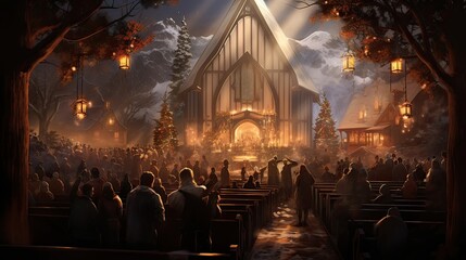 Families gather for church services. Christmas worship, religious community, holiday celebration, spiritual unity. Generated by AI. - obrazy, fototapety, plakaty