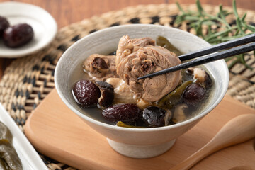 Delicious Taiwanese peeled green chili pepper chicken soup with mushroom