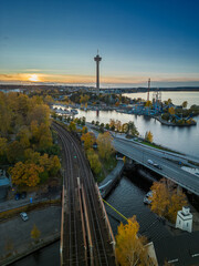 Aerial autumn view of Tampere during sunset