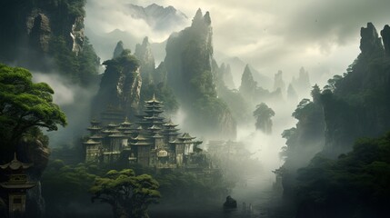 a misty, ancient temple nestled among the towering cliffs of a remote mountain range, with lush vegetation all around
