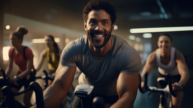Fit mature man in sportswear doing a cycling class with a group of diverse people at gym