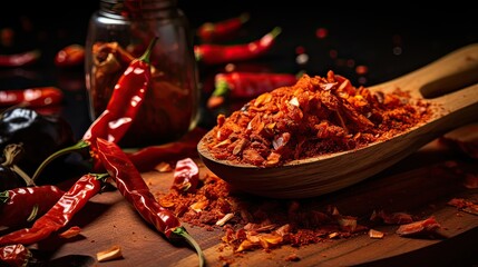 Spicy ghost pepper flakes, celebrated as among the hottest chili flakes. Scorching heat, culinary adventure. Generated by AI.
