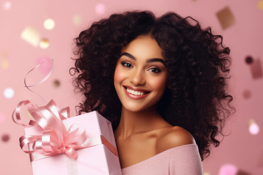 Beautiful latin american girl holding gift box in her hands. Pretty curly hair woman posing with xmas present in her arms, pink studio background