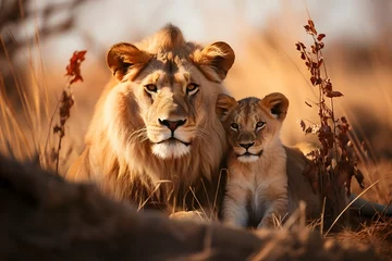 Wandaufkleber Lions family in savanna. Natural light. © mitarart