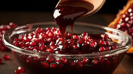 Tangy pomegranate molasses, the secret to adding depth and tartness to your culinary creations. Rich, fruity, flavor booster, versatile, Middle Eastern influence, tantalizing. Generated by AI.