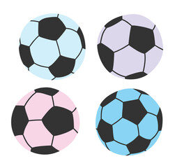 Cute cartoon soccer ball sports equipment set on white background.