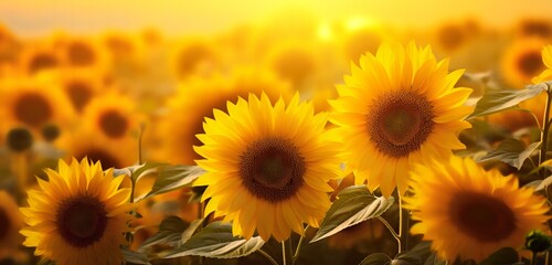 Fototapeta premium Sunflower Field Bathed in Sunlight, Radiating Nature's Joy, generative Ai