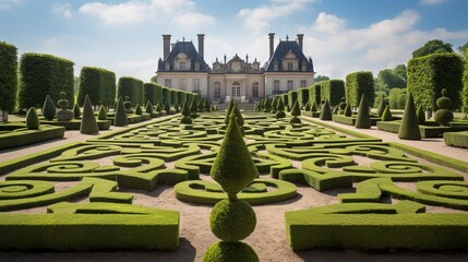 A panoramic view of a formal French garden, with precise geometric patterns of manicured hedges and gravel pathways