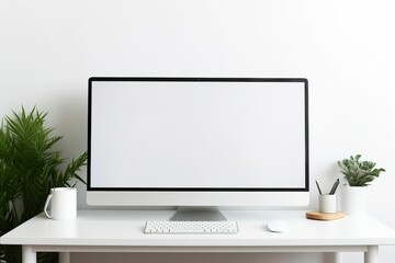 Modern personal computer with blank white screen on desk at workplace of graphic designer, blogger. Electronic devices, technology and creativity, computer desktop mockup