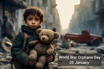 a child with a teddy bear on a post-war street. concept of  World War Orphan Day  - obrazy, fototapety, plakaty