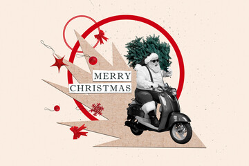 Creative drawing collage picture of funny santa claus scooter tree christmas new year greeting card...