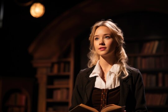 Blonde Student Performing In A Theater Play At University.