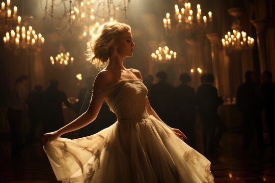 Blonde woman in a vintage dress dancing in a ballroom lit by chandeliers.