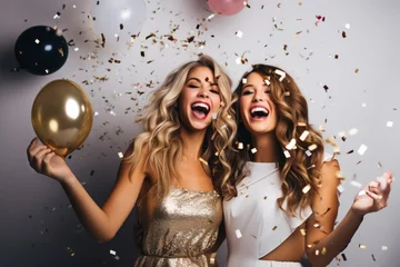 Foto op Plexiglas portrait of two attractive caucasian girls wearing elegant dress holding a glass of champagne, smilling with ballons and confetti on white background © gankevstock