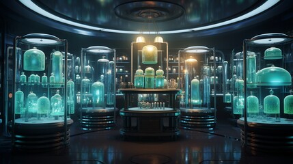 A pristine laboratory filled with glowing vials containing various bioengineered organisms