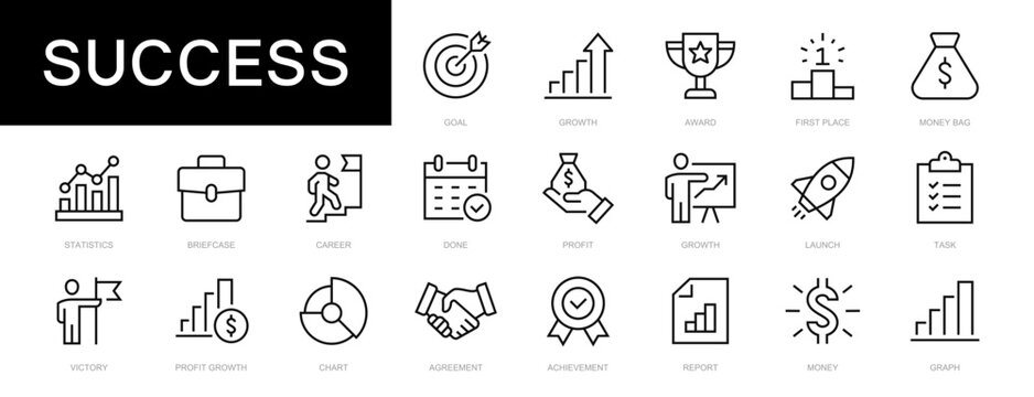 Success & Growth thin line icons set. growth, success, progress, career editable stroke icon. Growth symbols vector