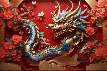 Obraz premium chinese new year 2024, the year of dragon 3D art Wallpaper on red background, Generative ai