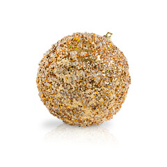 Glittering sparkling christmas bauble or new year decoration in ball shape of golden colour with shiny tiny small sequins isolated on white used as decor for winter holidays celebration and as gift