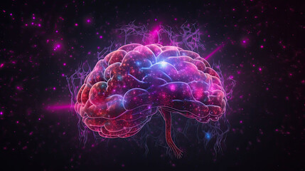 Galaxy shaped as human brain with stars and neurons, purple aura
