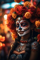femme maquillée pour le festival des morts au Mexique le 2 novembre avec des colliers et des roses dans les cheveux
