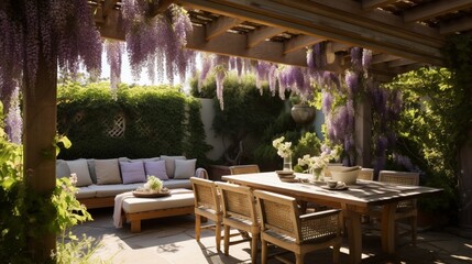 A sun-dappled pergola, its wooden beams draped in climbing wisteria, creating a fragrant canopy for a cozy outdoor seating area - obrazy, fototapety, plakaty