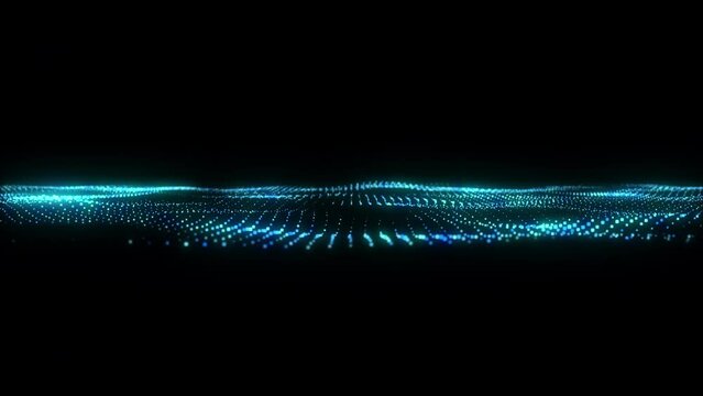 4k Video. Neon particles background. 3d Render. Abstract art animation. Futuristic sci-fi intro. Seamless loop. Isolated on black background. Cold blue color.
