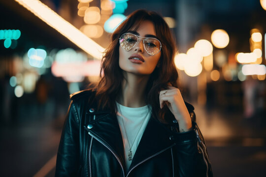 Young trendy dressed hipster in eyewear with night city light reflection fascinated with beautiful illumination, gorgeous woman in leather jacket wondering while standing on urban background