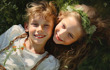 two smiling children laying in a field