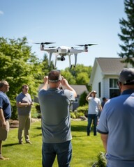 Naklejka premium A person using a drone in his garden