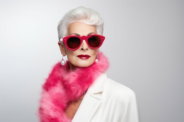 Portrait of stylish trendy senior woman isolated on grey background. Elegant old woman with pink sunglasses and fluffy rosy scarf. Generate ai