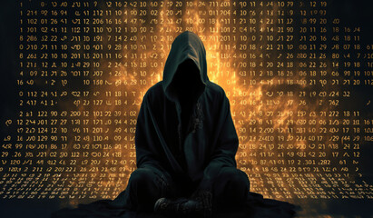 A hooded figure is sitting in front of a number on text, in the style of computer art