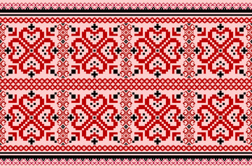 Pixel art seamless ethnic pattern. Abstract, big red heart pixel art. Decorated with small hearts, designed for fabric patterns, textiles, textures, cross stitch, scarves, decoration.

