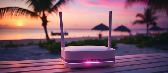 Wi-fi router on the sea beach by the hotel. Oceanfront wifi internet. Pink and violet hotspot on the resort's sandy beach. Luxury hotel with internet on the beach. A wi-fi point on an island vacation - obrazy, fototapety, plakaty