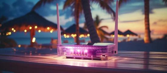 Gordijnen Wi-fi router on the sea beach by the hotel. Oceanfront wifi internet. Pink and violet hotspot on the resort's sandy beach. Luxury hotel with internet on the beach. A wi-fi point on an island vacation © Colourful-background