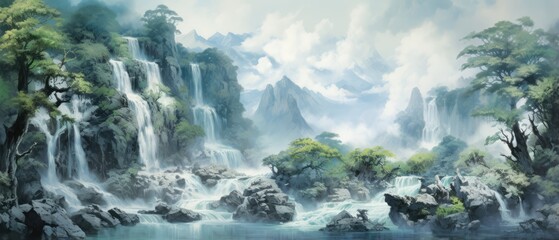 Fototapeta na wymiar Majestic powerful waterfall wallpaper a landscape mountains trees and a river under a blue sky