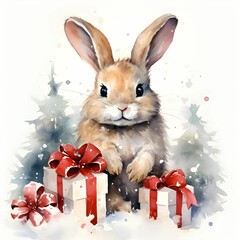 AI generated illustration of a bunny with a Christmas gift box in watercolors