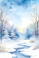 AI generated illustration of a snowy forest in watercolor