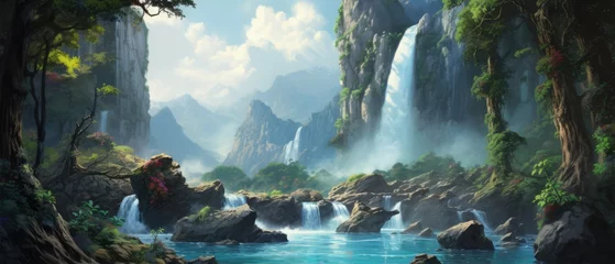 Deurstickers Majestic powerful waterfall wallpaper a landscape mountains trees and a river under a blue sky © ArtStockVault