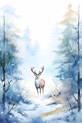 AI generated illustration of a deer in a snowy forest in watercolor
